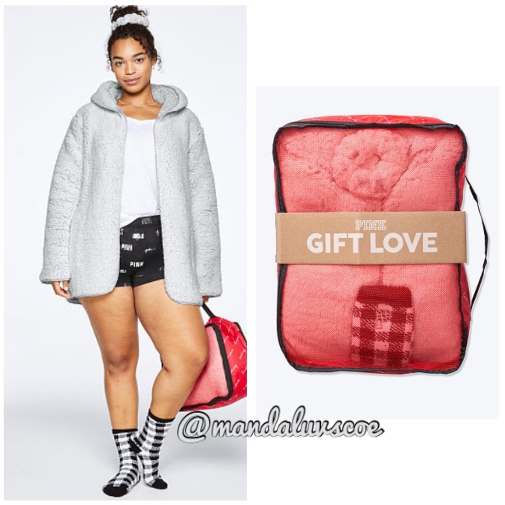 💗VS PINK GREY ONE SIZE SHERPA CARDIGAN & Socks Bag GIFT SET
